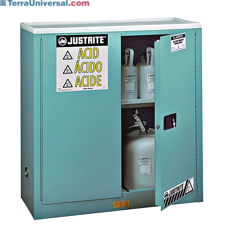Corrosive Storage by Justrite features two manual stainless steel doors with 3-point stainless steel bullet latching system | 2820-09A displayed