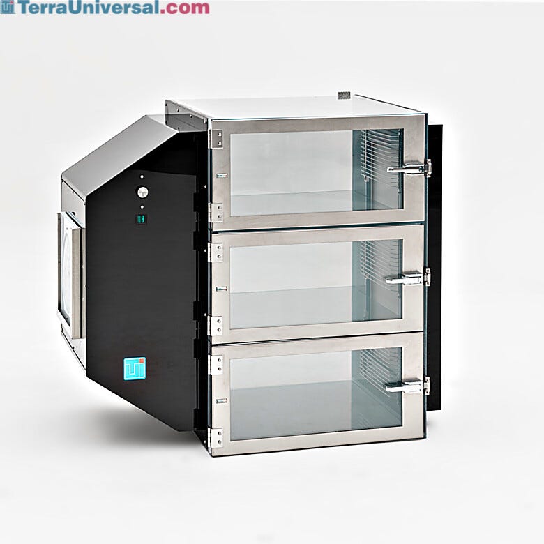 Static-dissipative PVC 3-chamber curing and drying cabinet with black acrylic inlet/outlet filter/blower housing, 120VAC, 50/60Hz  |  6082-24A displayed