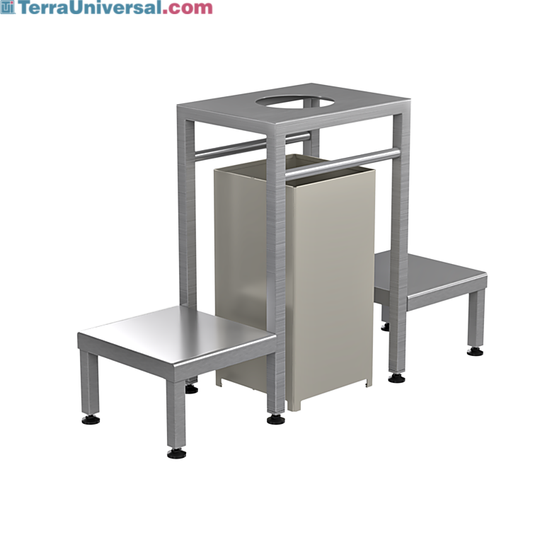 Dual-sided gowning bench built from high grade 304 or 316 stainless steel, featuring a center console for convinient storage   |  1530-49 displayed