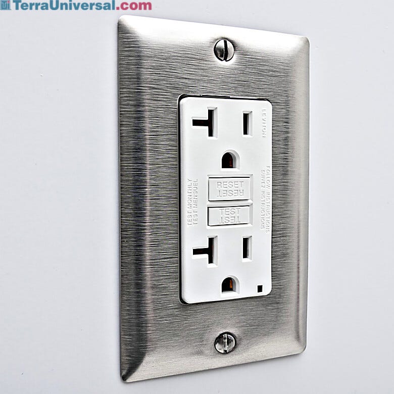 GFCI duplex power outlet with stainless steel cover and quick-connect plug  |  6704-33A displayed