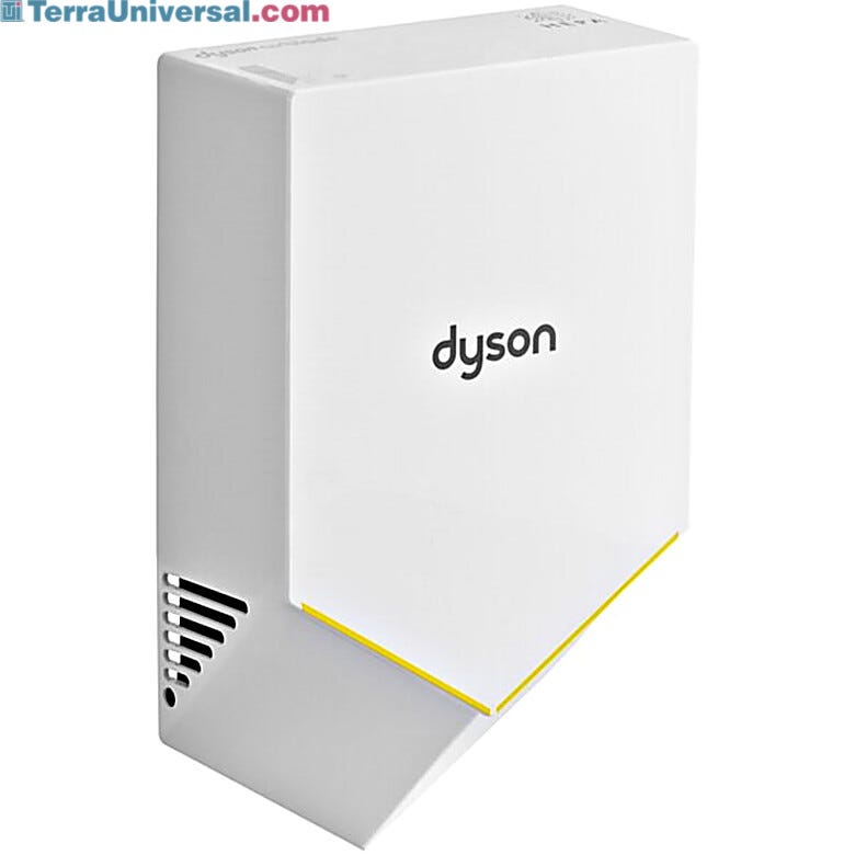 Hand dryer by Dyson with polycarbonate construction and white finish features HEPA filtration while being ADA compliant  |  3333-01 displayed