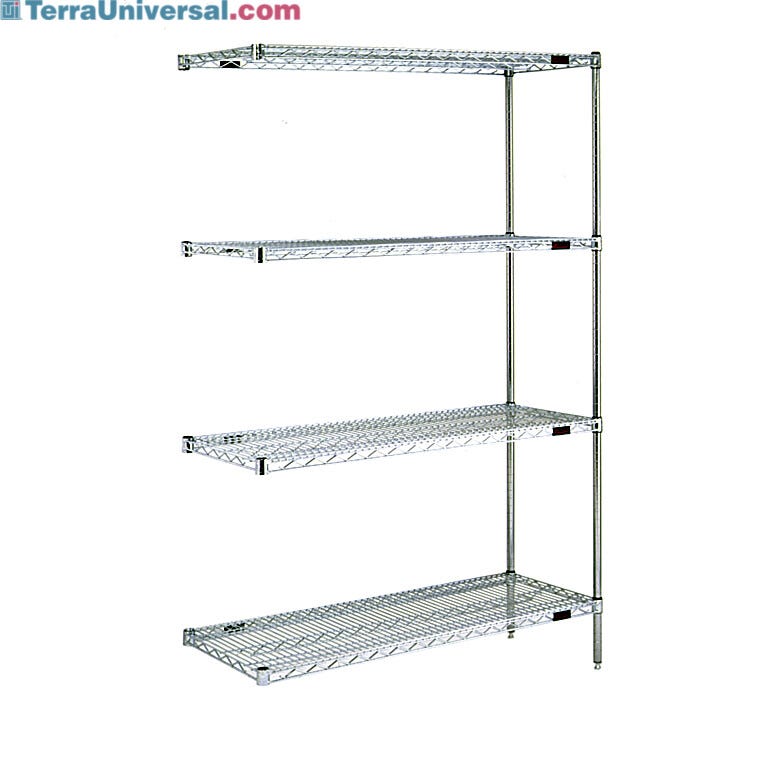 Complete 4-shelf add-on system by Eagle Group with adjustable open-wire shelves easily attaches to existing shelving system; available in low cost chrome-plated