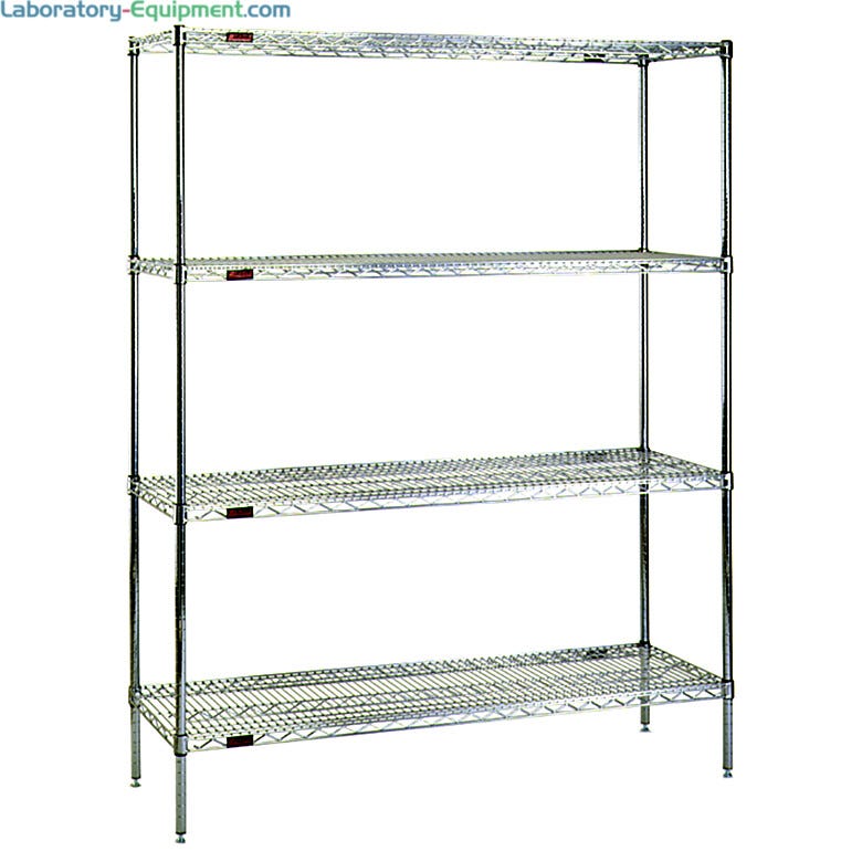 Complete 4-shelf system by Eagle Group with adjustable open-wire shelves is available in low cost chrome-plated steel or corrosion resistant stainless steel