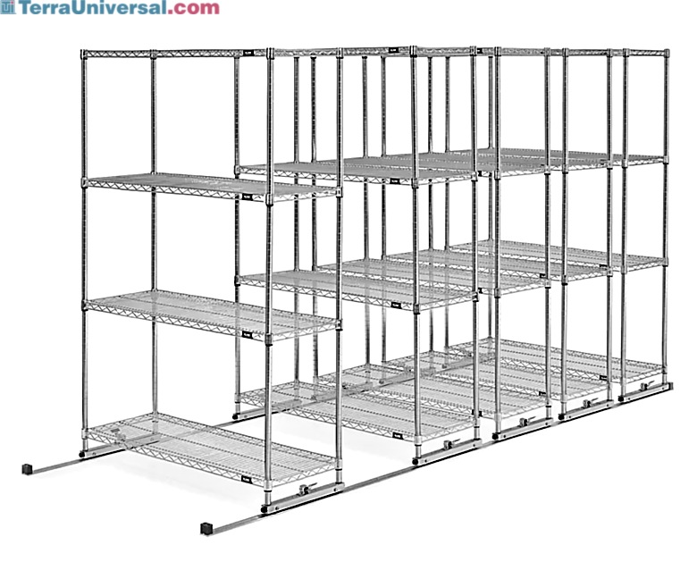 Shelving units slide on a track for storage efficiency  |  1384-03 displayed