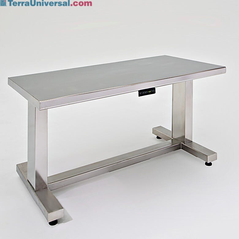 ErgoHeight® adjustable tables include heavy-duty stainless steel top and frame for lateral stability and cleanroom compatibility  |  3504-02A displayed