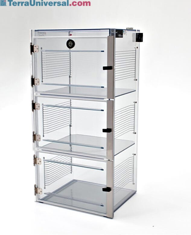 ValuLine® ESD-safe desiccator cabinet, static-dissipative PVC, 3 chambers with adjustable shelving  |  3949-32C displayed