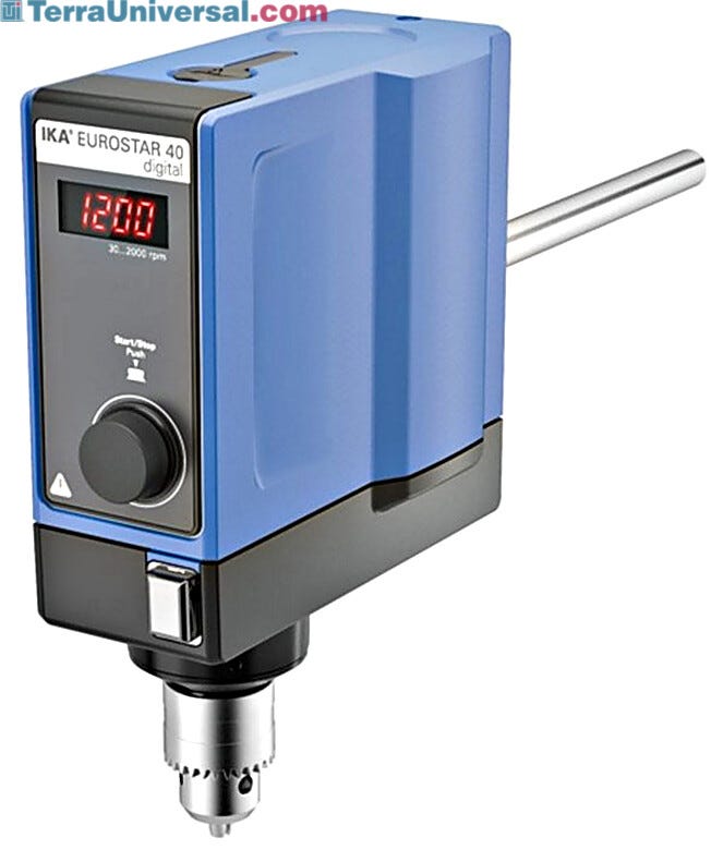 Ideal for basic, low-volume stirring tasks, IKA EUROSTAR 40 digital Overhead Stirrer with a 25L capacity features an infinitely adjustable speed control | 6926-25 displayed