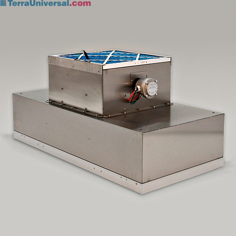 Explosion-proof RSR FFU allows filter access from inside the cleanroom enclosure. (6601-24A-URE model shown) | 6601-22A-URE displayed