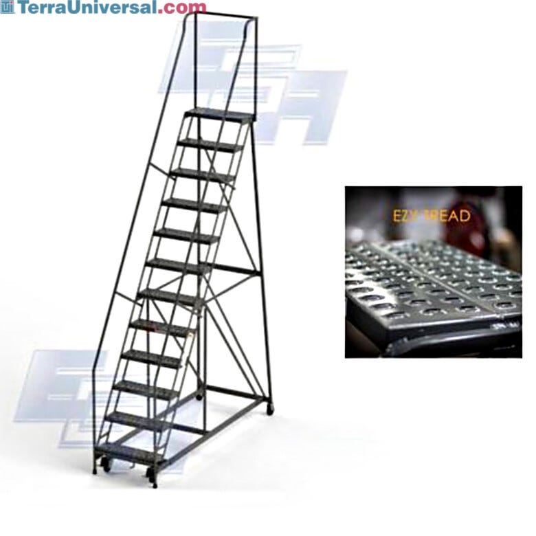 EGA all-welded steel Industrial Rolling Ladders with perforated EZY-Tread and a 450-lb capacity available in 2 to 12-step models with 3