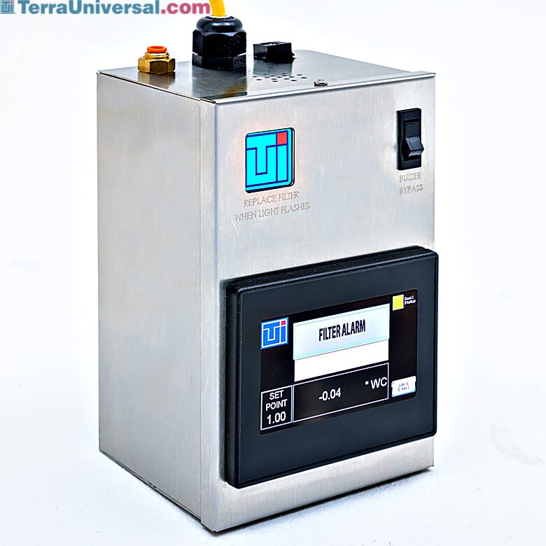 Filter alarm enclosure with PLC features a digital touchscreen display, buzzer bypass switch, and conduit fittings for complete filter status monitoring  |  2625-54C-SS displayed