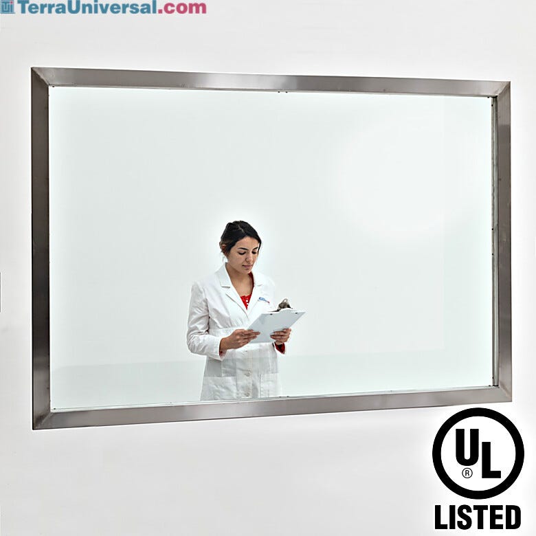 ISO 5, 316L stainless steel-framed window fits flush on cleanroom wall