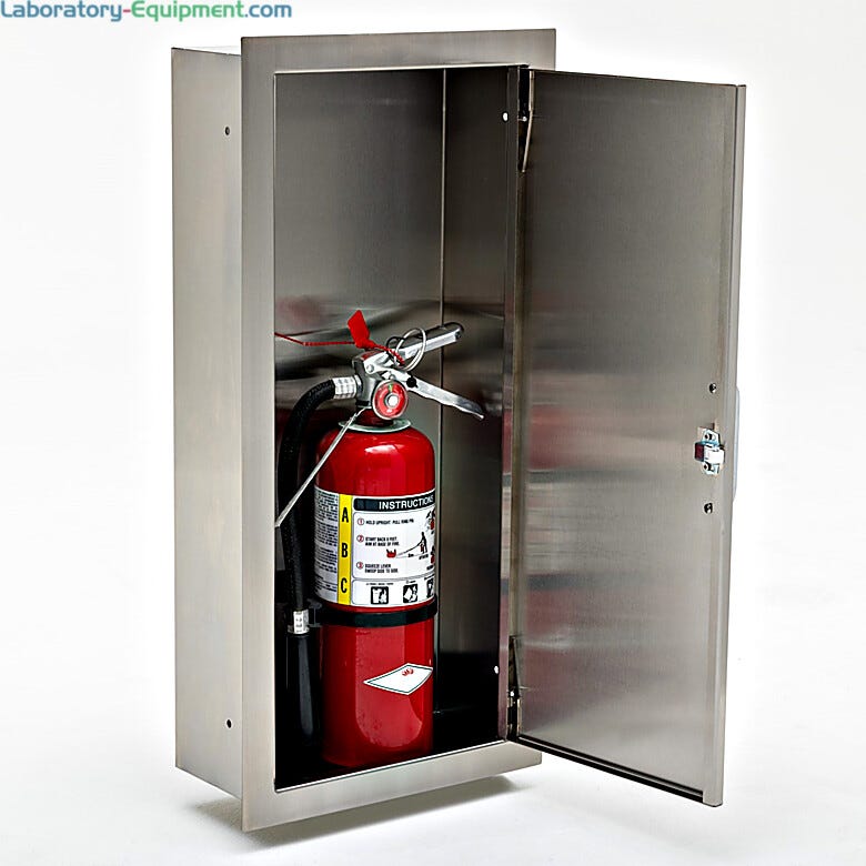 Open flush mount stainless steel fire extinguisher cabinet with visible extinguisher securely housed inside