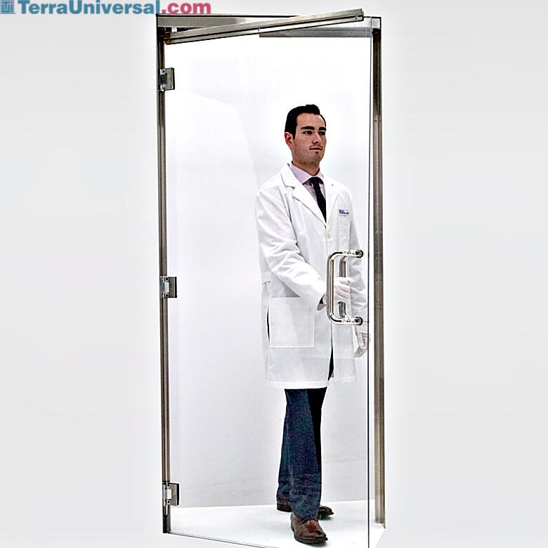 Polycarbonate frameless door with stainless steel jambs and spring loaded hinges  |  6709-20-L displayed