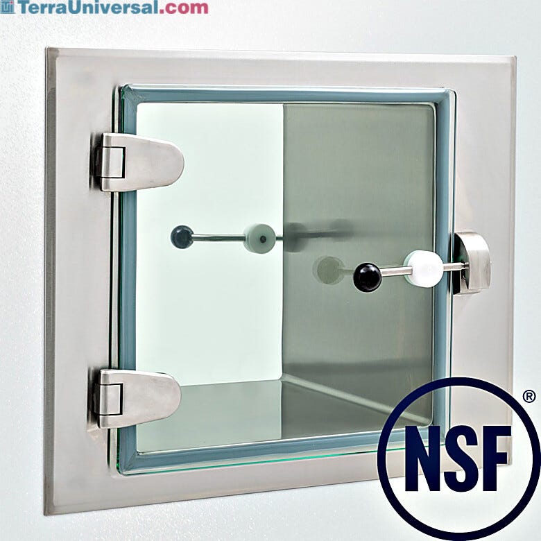 Pass-through utilizes a pivoting bar latch with large ergonomic handle on each door that rotates into the catcher | 2627-PP-01 displayed