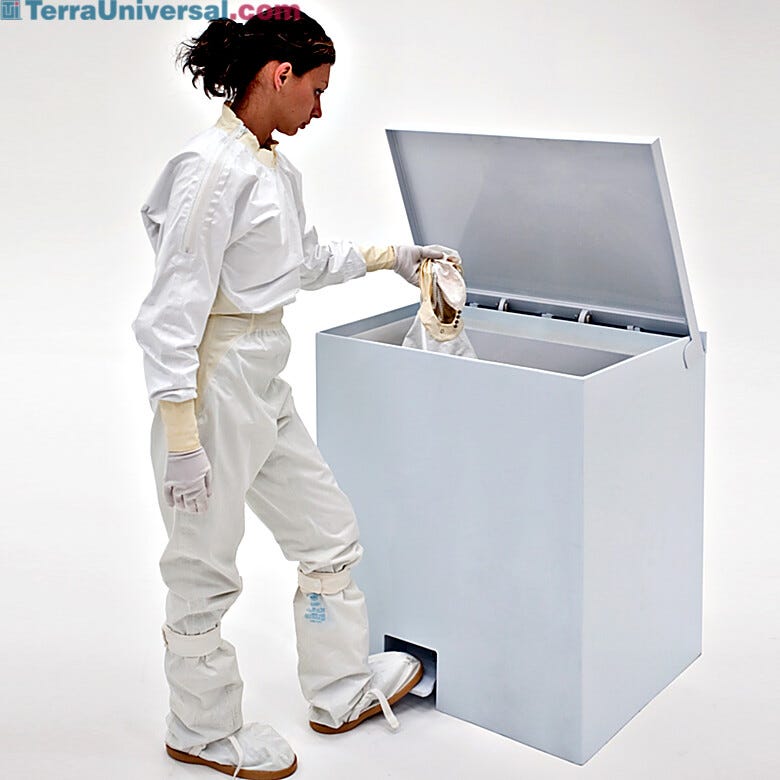 ISO-compliant BioSafe Cleanroom Garment Hamper allows clean, easy disposal of soiled cleanroom garments; polypropylene withstands wide range of corrosive chemic  |  5151-51A displayed