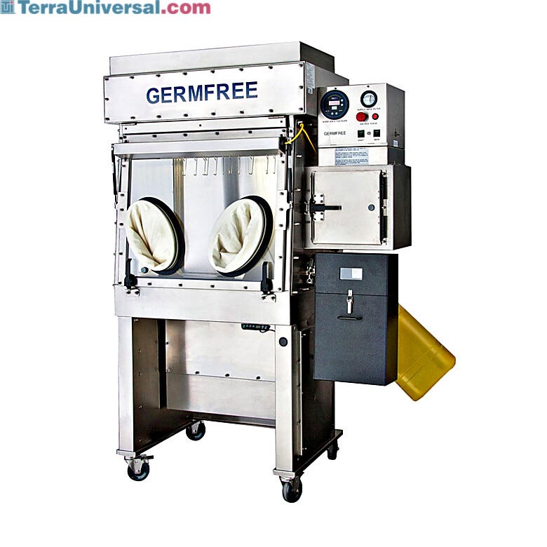 Germfree’s LFGI Compounding Aseptic Containment Isolator meets USP 797 and USP 800 requirements; shown with optional sharps and waste containers  |  5607-15 displayed