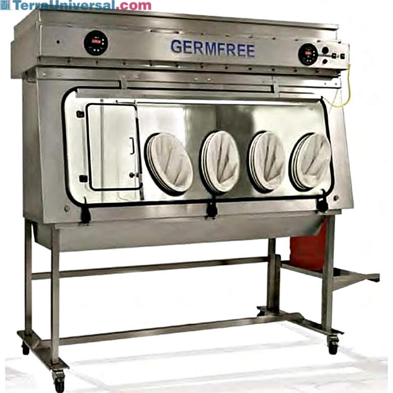 Germfree’s VersaFlow™ Compounding Aseptic Isolator features all-stainless steel construction and oval glove ports (4-port model shown)  |  5607-21 displayed