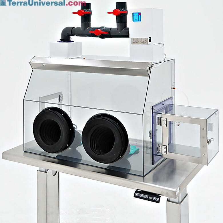 Glove box with filtration module adjustable to single-pass or continuous recirculation operation, shown with optional air lock  |  3306-62 displayed