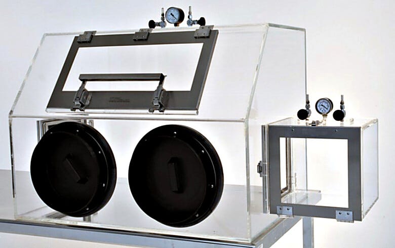 Series 200 negative-pressure glove box with front access panel (shown with optional port covers and airlock)  |  1681-13D displayed