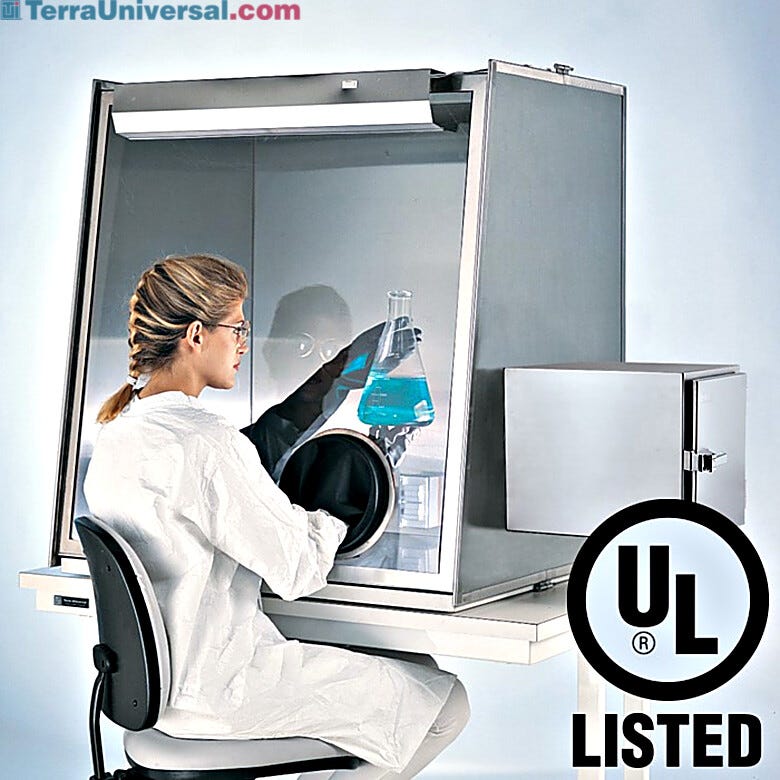 Series 600 Stainless Steel Glove Box  provides a low-humidity, low-particle processing environment (shown with optional air lock, gloves)  |  9670-00B displayed