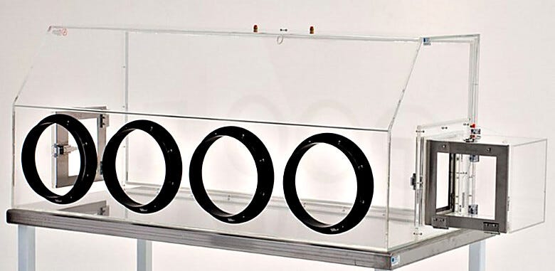 Series 100 Acrylic Glove Box shown with optional airlock and Relief/Bleed valves.  |  1689-16G displayed