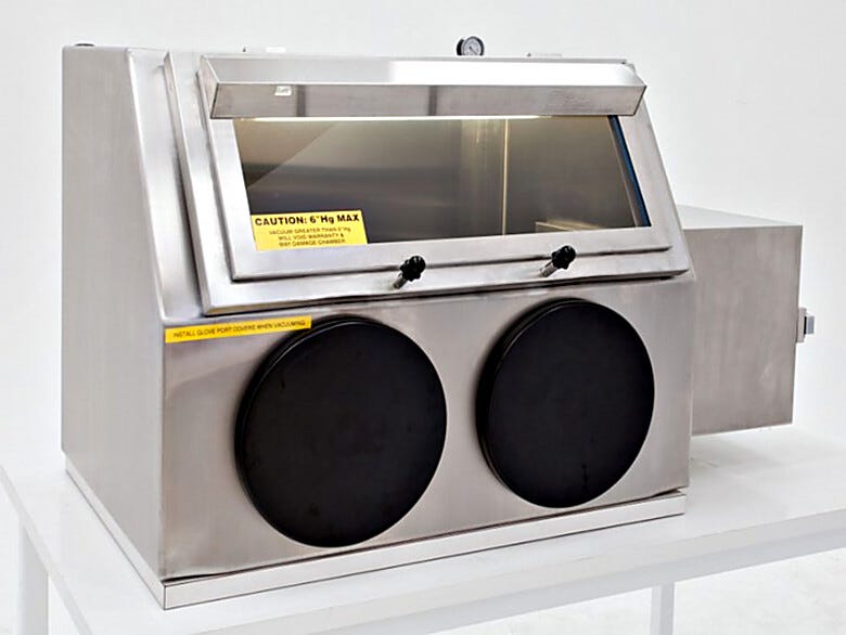 Single Series 310 Negative Pressure Glovebox Shown with optional gauge, stand, and right sided airlock. | 3305-54B displayed