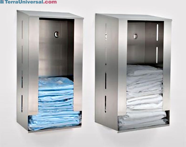 BioSafe Wall-Mount Garment Dispensers in 304 stainless steel and polypropylene models feature a sloped top and a keyhole mounting slot cover | 4952-30 displayed