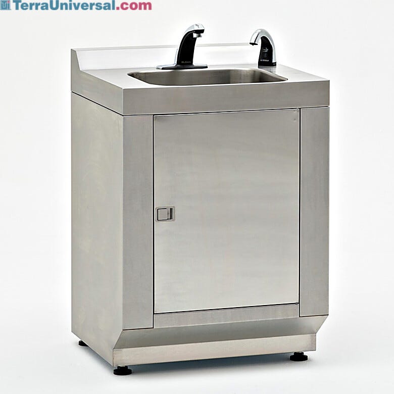 Single-sink modular cleanroom hand washing station in 304 stainless steel with hands-free faucet and automatic IR beam soap dispenser included | 9600-83B displayed