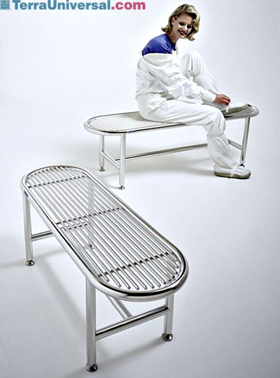 Free-standing gowning benches feature non-shedding leveling glides | 9602-98 displayed