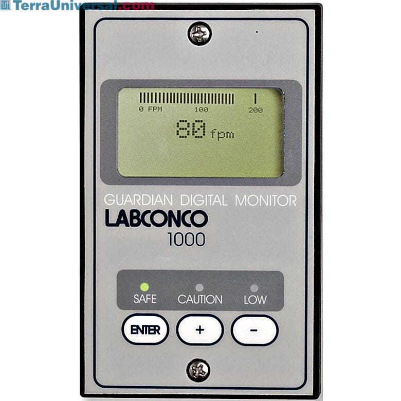 Labconco Guardian 1000 Digital Airflow Monitor with Epoxy-Coated Steel Housing and an LCD display for Protector hoods manufactured from 2002 to 2012 #9743211  |  3646-94 displayed