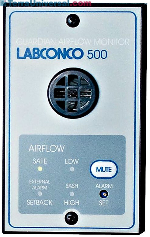 115V and 230V Guardian 500 Airflow Monitor by Labconco factory-prepared cutout on upper portion of Protector and Xstream Hoods; #9723213 and #9743214  |  3646-56 displayed