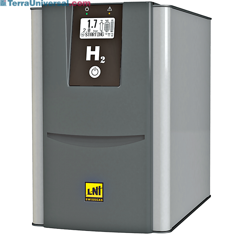 HG Basic PEM Hydrogen Generators by LNI Swissgas with up to 300 cc/min flowrate, 10 bar (145 psi), a 3L tank, and an electrolytic cell with a polymeric membrane  |  7200-PP-02 displayed