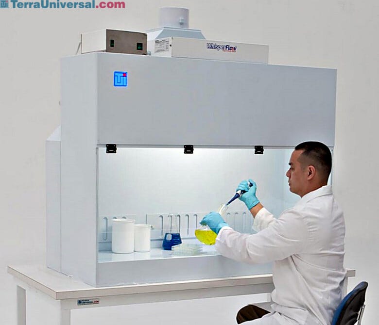 Shown: Polypropylene Containment Hood with fan/filter unit (sold separately), installed on optional work surface | 2101-21 displayed