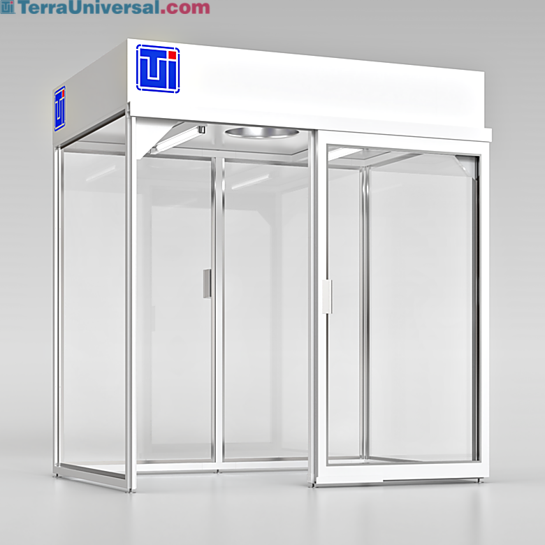 Fume hood with manual sliding door-sash creates floor-to-ceiling enclosure with fully transparent PVC paneling. Shown with optional vapor-proof lighting. | 2400-60 displayed
