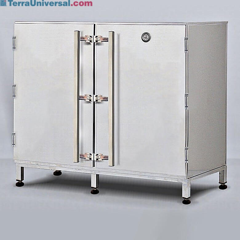 RH-controlled dry bulk storage cabinet with hygrometer (2 x 30 gal. drum capacity shown). | 1989-00 displayed