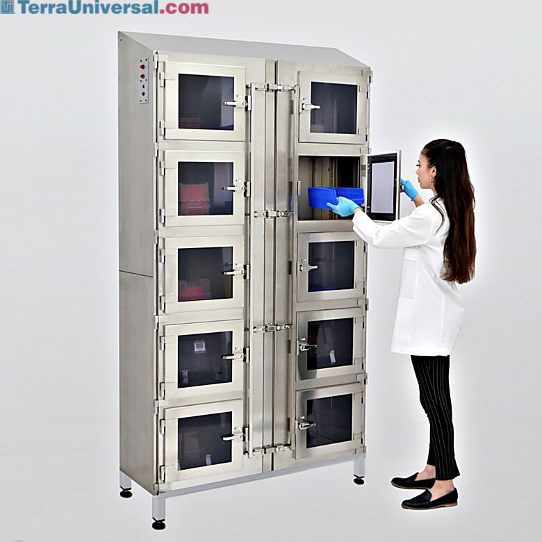 Ten chamber ISO 6 stainless steel desiccator cabinet with adjustable shelves; door-on-door design minimizes contamination Influx with adjustable shelves  |  1990-24A displayed