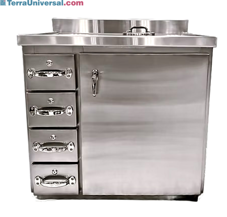 Cabinet and drawer unit with lead-lined stainless steel finish for radioactive waste management in radiopharmacy  |  5609-11 displayed