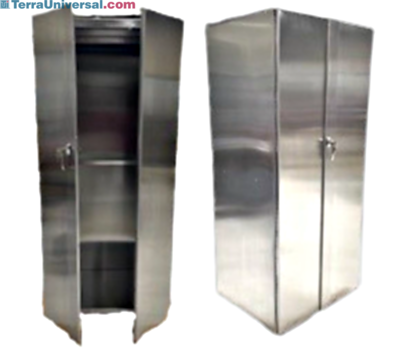 Stainless steel tall storage cabinet for use in nuclear pharmacy, with 1/16