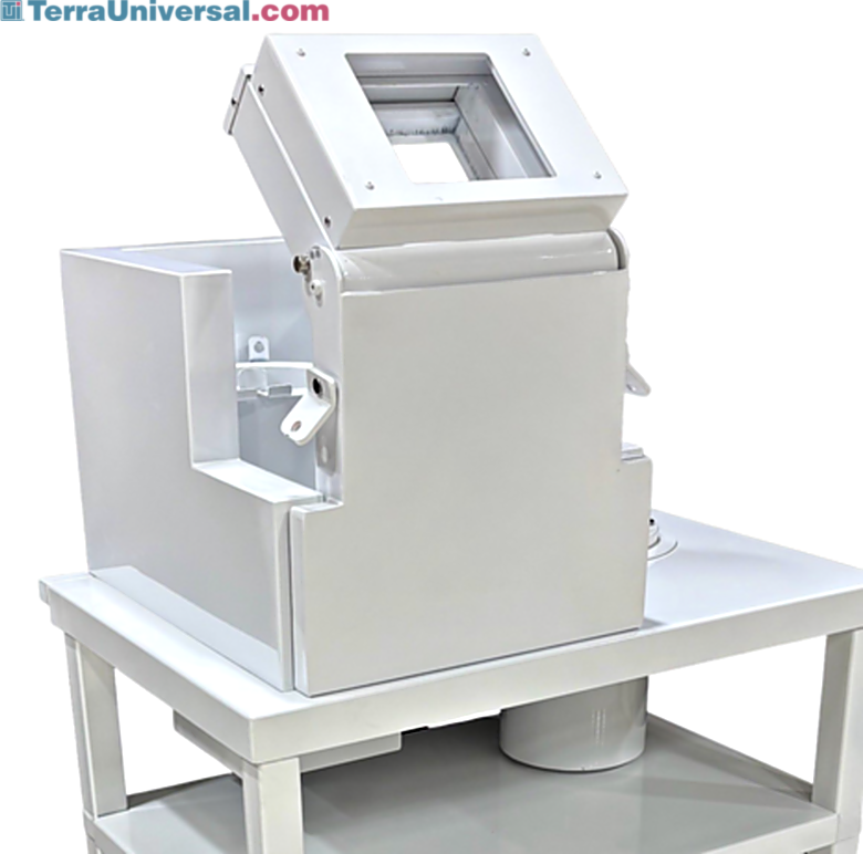 Radiopharmacy table with L block shield and view window in white powder-coated option with optional lead brick cave  |  5609-10 displayed
