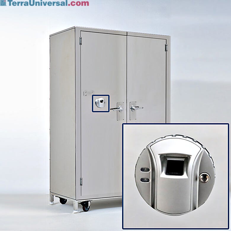 Steel cabinet with fingerprint scanner for secure storage of controlled medications | 1989-10 displayed