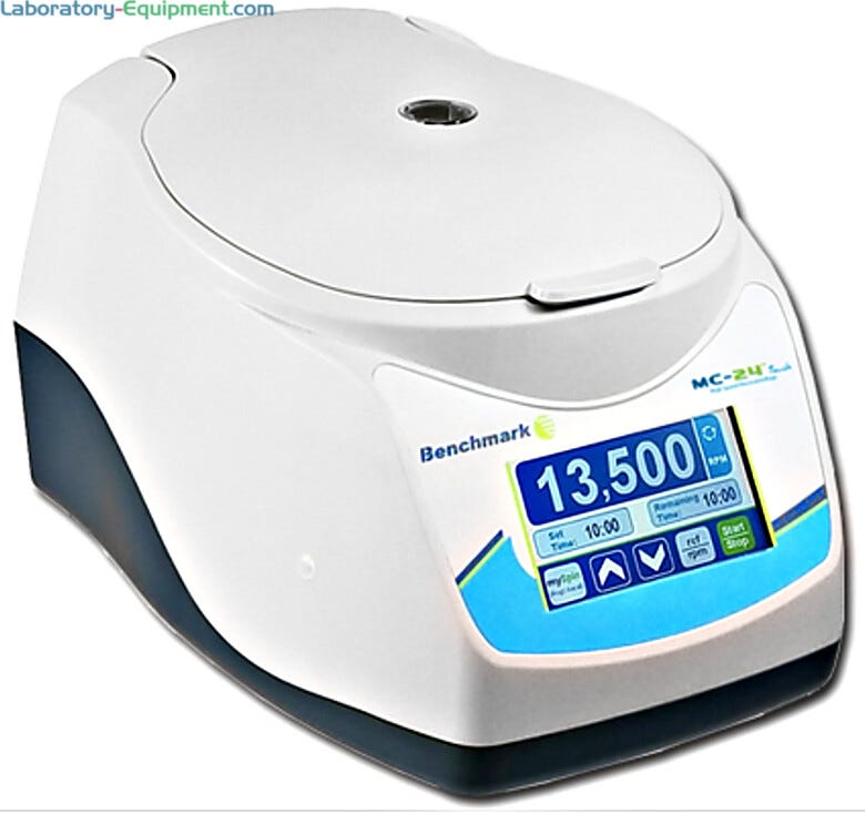 Cold-room safe Benchmark Scientific MC-24 Touch Microcentrifuge features a large full color touchscreen that displays speeds in rpm and rcf  |  2829-PP-15 displayed