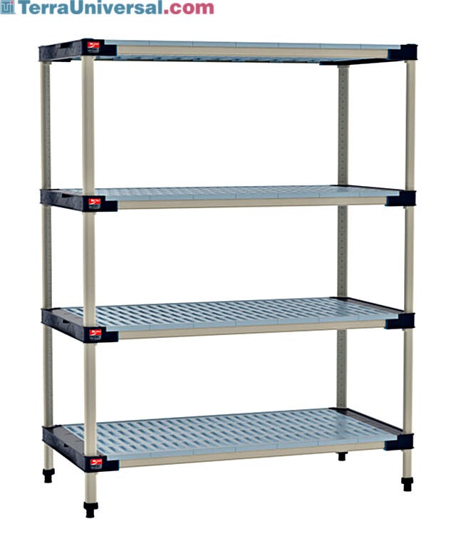 MetroMax stationary shelving units combine rust-proof, heavy-duty polymer construction with adjustable, easy-clean shelving | 1572-04 displayed