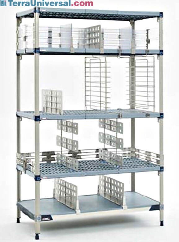 MetroMax Q Shelving Systems with open grid shelves and epoxy coated steel posts provide antimicrobial product protection