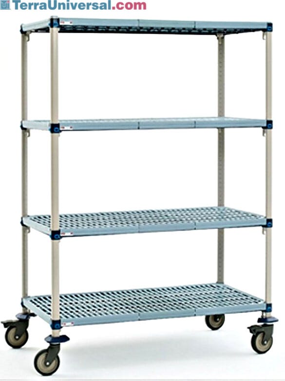 Four-tier cart with quick adjust shelves and removable polymer shelf mats, their open grid design allows air and light penetration  |  1534-33 displayed