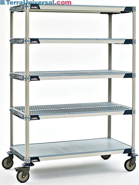 Antimicrobial five-tier cart with solid bottom MetroMax i shelf and polyurethane casters, ideal for placement in walk-in coolers  |  1534-44 displayed