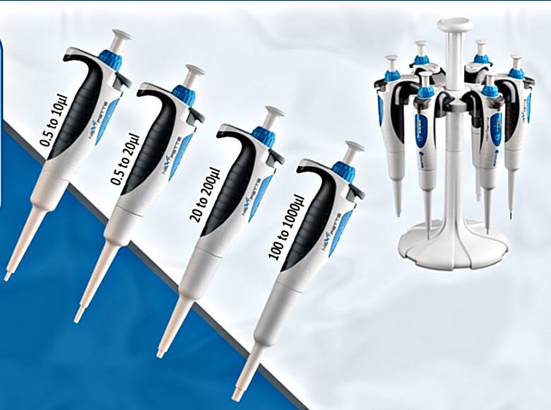 Starter kit NextPette Precision Pipettes Micro Set by Accuris includes four mechanical single-channel pipettes and a carousel stand  |  2808-30 displayed