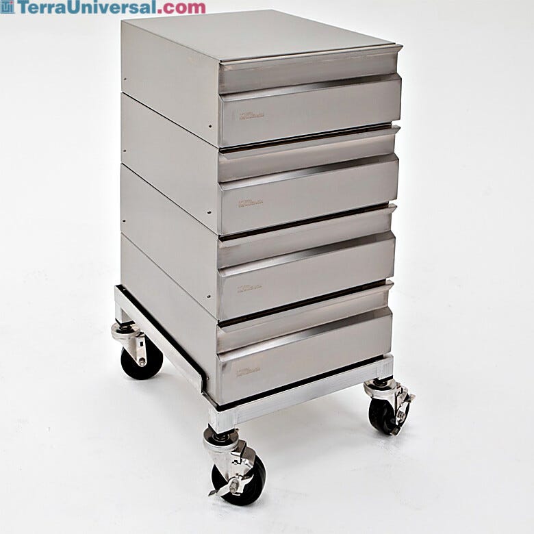 Cleanroom-compatible mobile drawer with all-stainless steel design and swivel casters