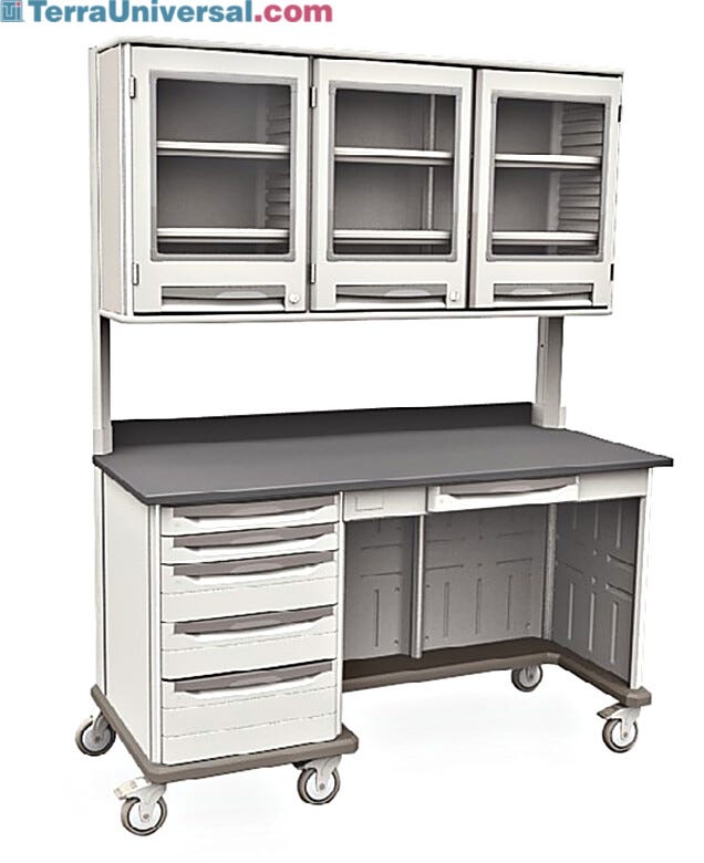 Starsys mobile work center with epoxy resin top, kneewell, standard drawers and overhead cabinets  |  1311-32 displayed