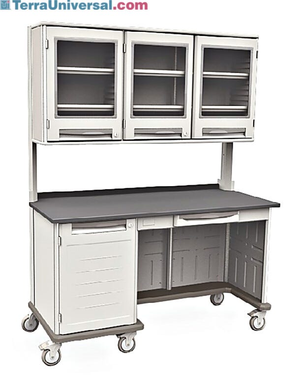 Starsys mobile work center with epoxy resin top, kneewell, locking doors and overhead cabinets  |  1311-34 displayed