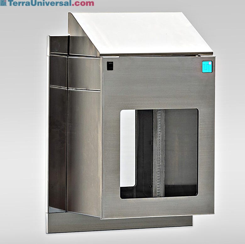Wall-mount pass-through features a motorized sliding door on both sides of the stainless steel chamber, with sloping top | 2629-00 displayed